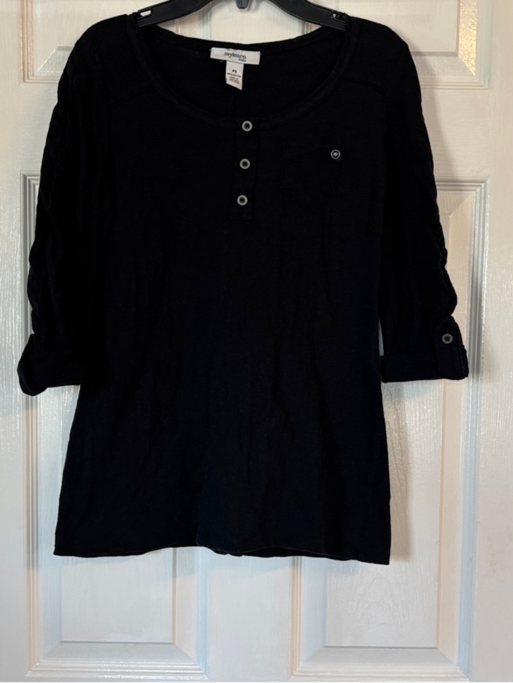 Three-Quarter Sleeve Black Henley Top - Women